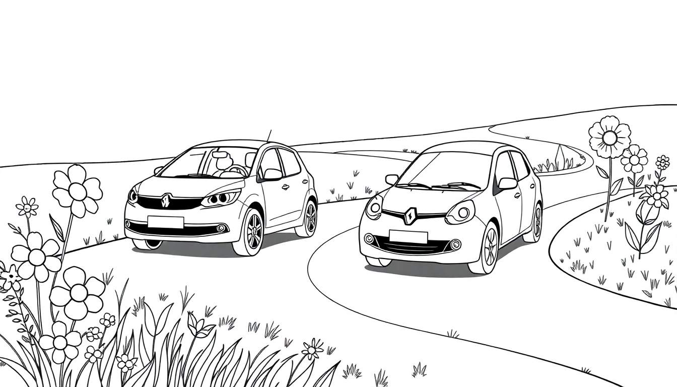 Kleurplaat van twee Renault auto's op een bochtige weg met bloemen.