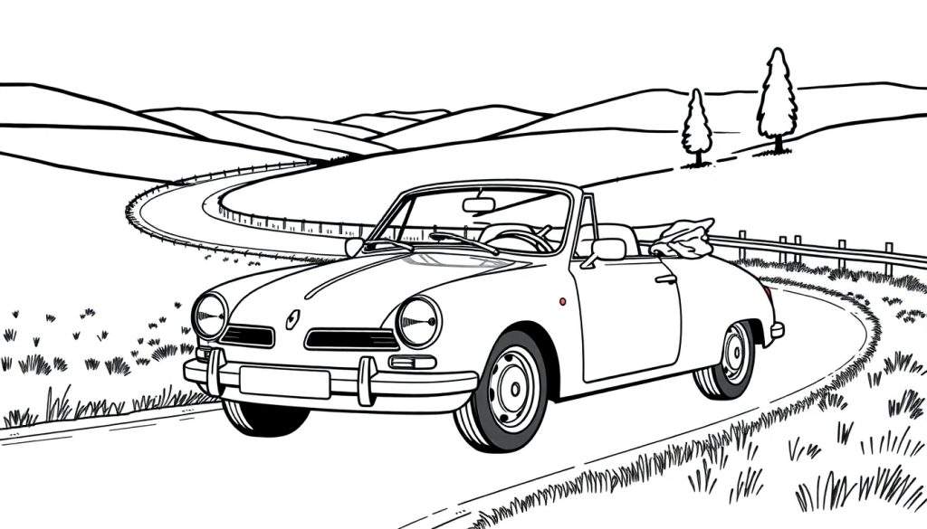 Kleurplaat van een vintage Renault cabriolet op een kronkelige weg.