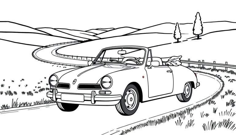 Kleurplaat van een vintage Renault cabriolet op een kronkelige weg.