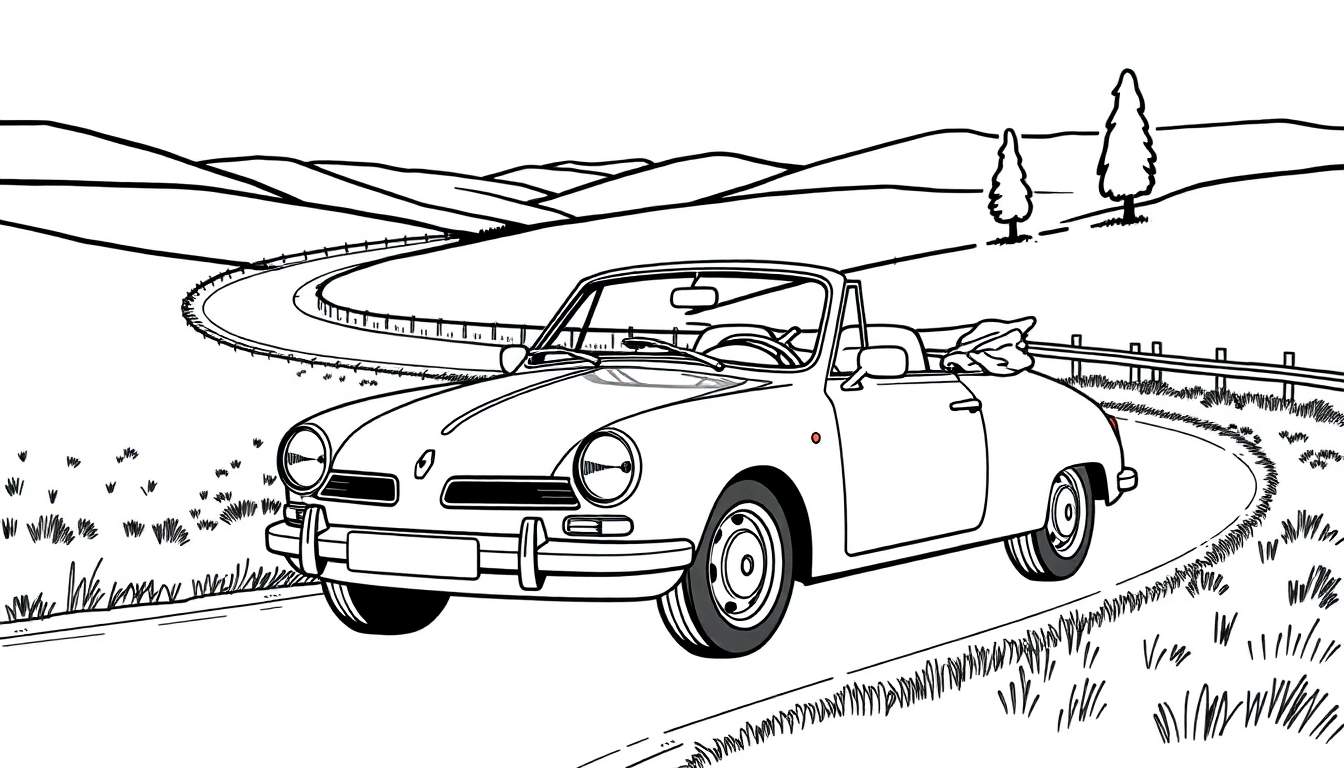 Kleurplaat van een vintage Renault cabriolet op een kronkelige weg.