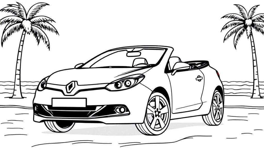 Een zwart-wit kleurplaat van een Renault cabriolet op het strand met palmbomen.