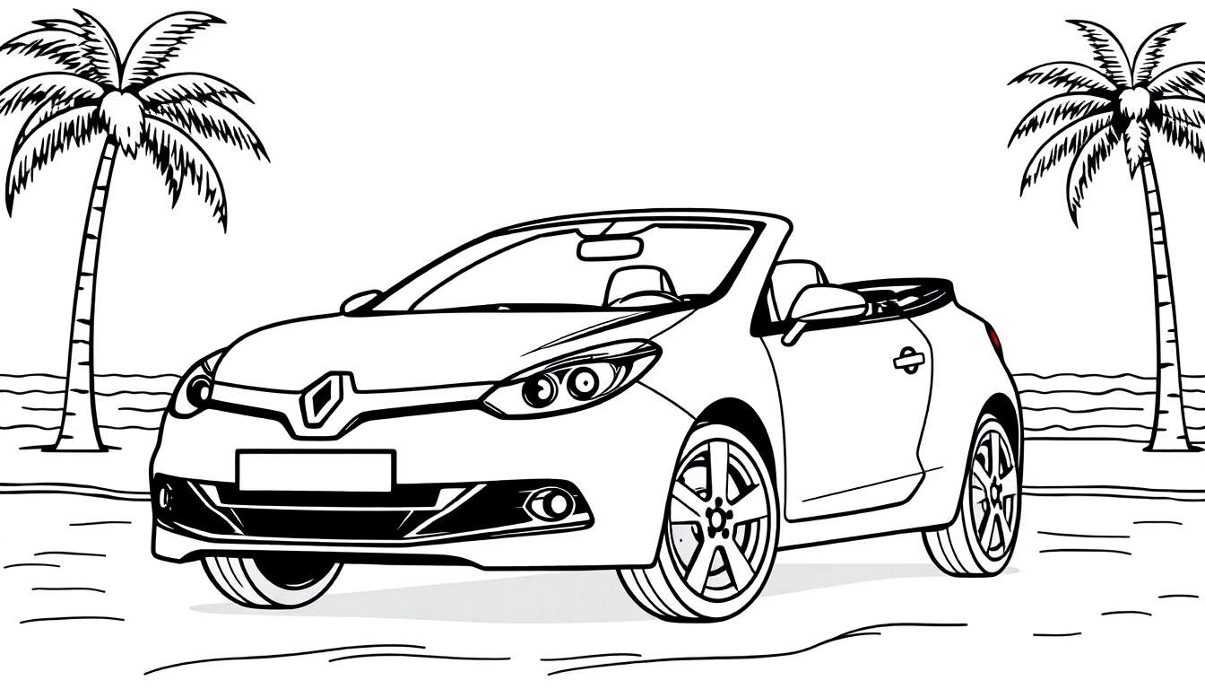 Een zwart-wit kleurplaat van een Renault cabriolet op het strand met palmbomen.