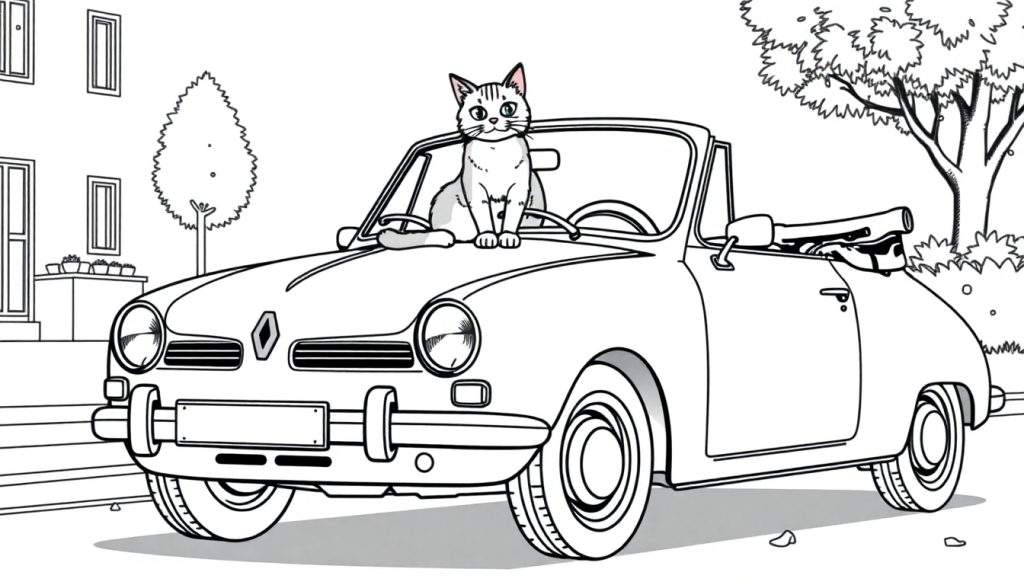 Kleurplaat van een klassieke Renault cabriolet met een kat op de motorkap, met een huis en boom op de achtergrond.