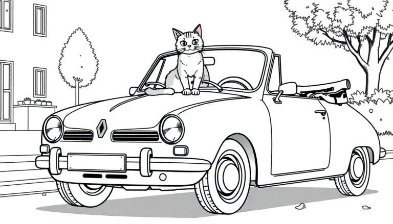 Kleurplaat van een klassieke Renault cabriolet met een kat op de motorkap, met een huis en boom op de achtergrond.