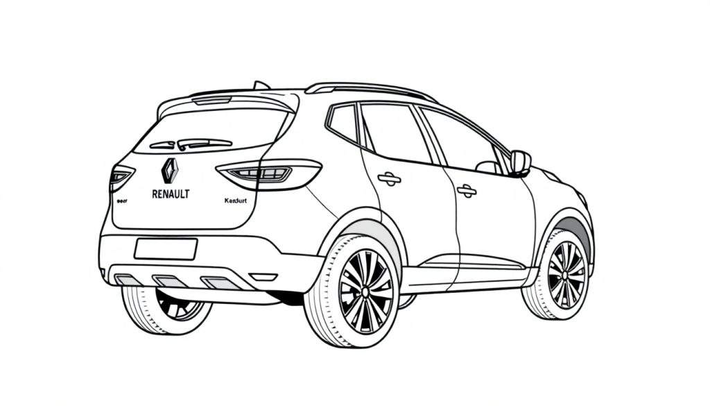 Zwart-wit kleurplaat van een Renault Kadjar, achterkant.