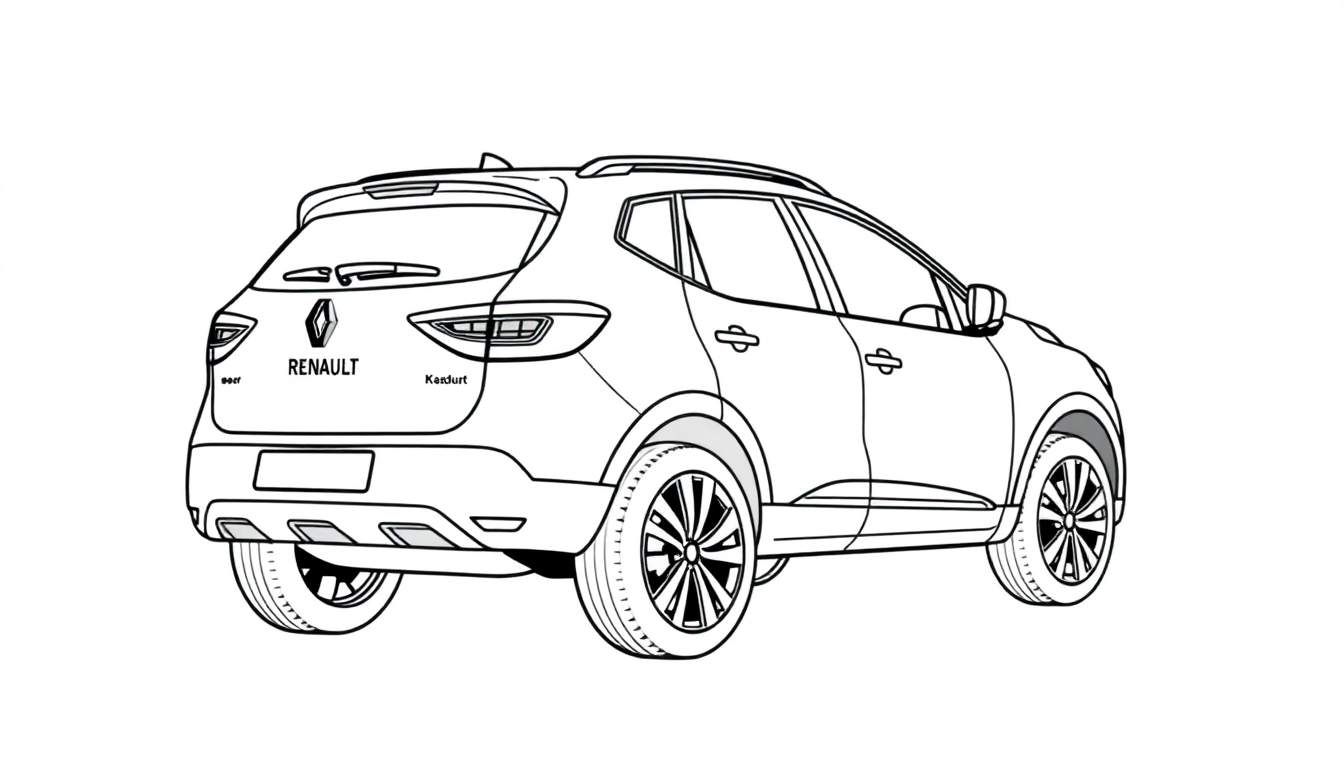 Zwart-wit kleurplaat van een Renault Kadjar, achterkant.