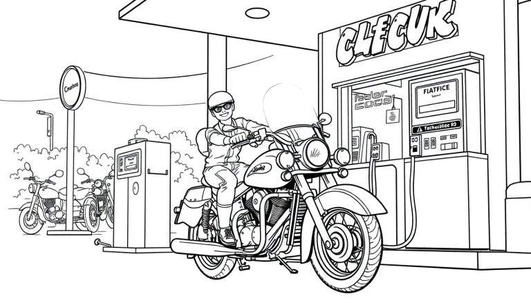 Een kleurplaat van een man op een motor met zijspan bij een retro benzinestation.