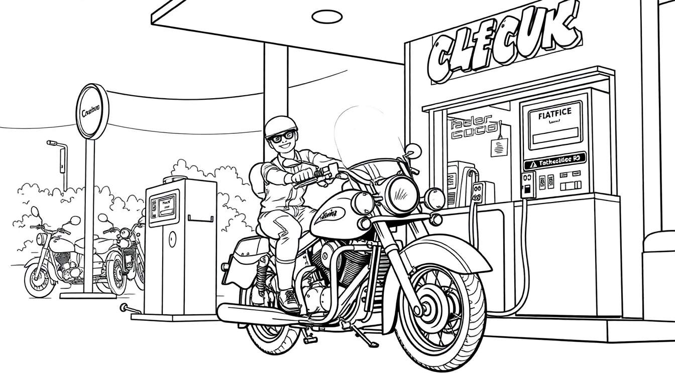 Een kleurplaat van een man op een motor met zijspan bij een retro benzinestation.