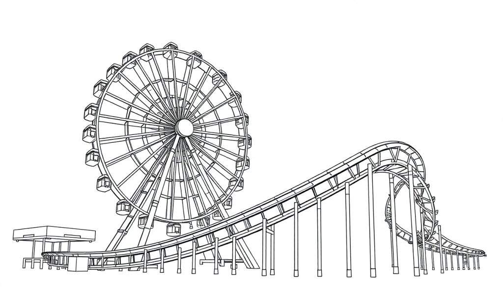 Kleurplaat van een pretpark met een reuzenrad en achtbaan.