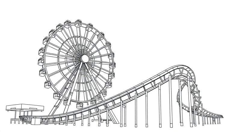Kleurplaat van een pretpark met een reuzenrad en achtbaan.
