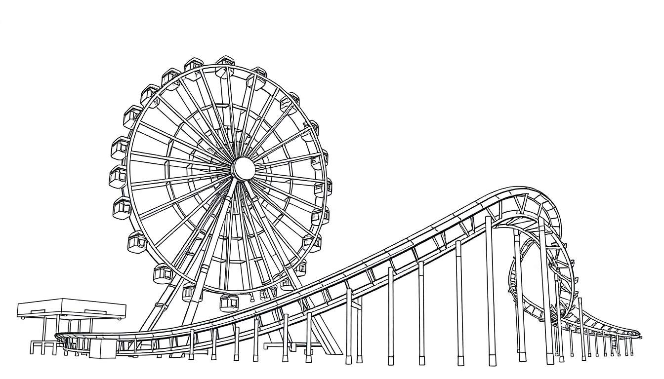 Kleurplaat van een pretpark met een reuzenrad en achtbaan.