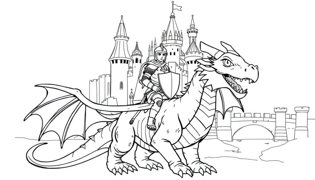 Kleurplaat van een ridder op een draak voor een kasteel.