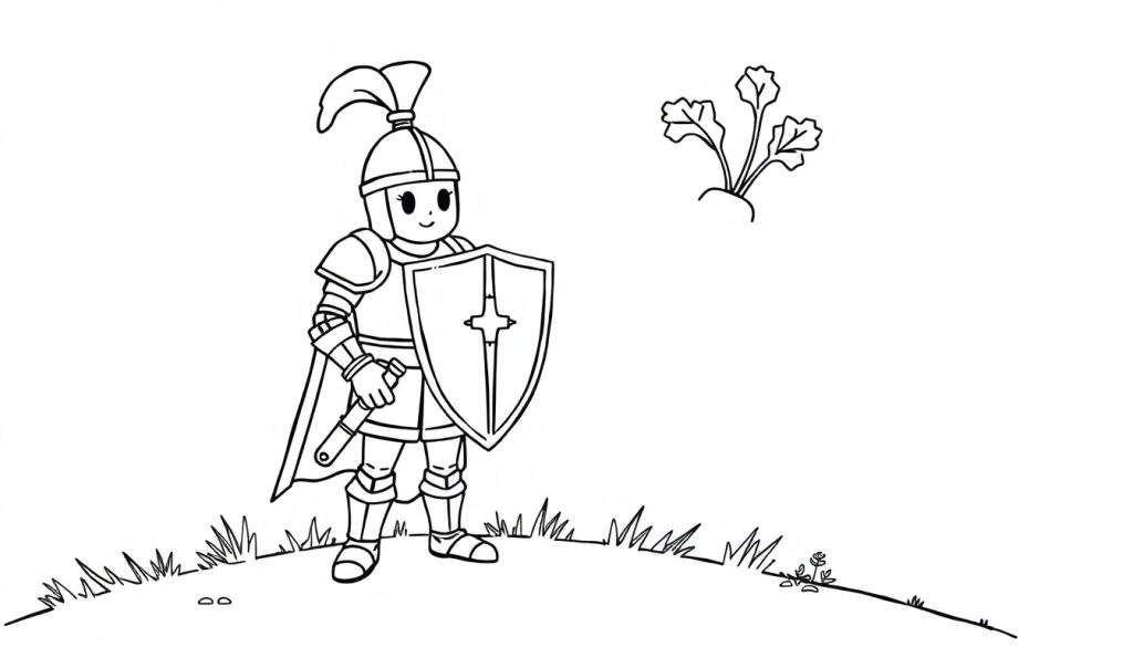 Zwart-wit kleurplaat van een cartoonachtige ridder.