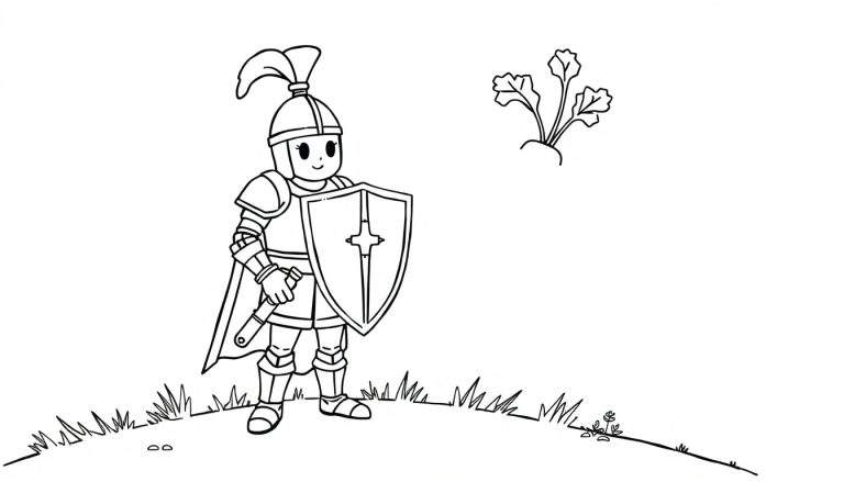 Zwart-wit kleurplaat van een cartoonachtige ridder.