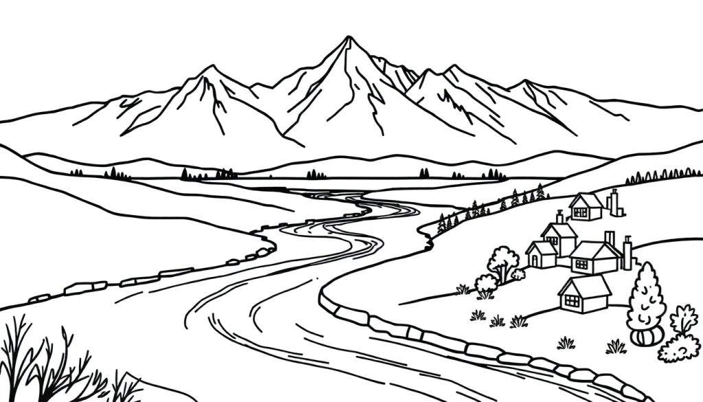 Zwart-wit kleurplaat van een vredig landschap met bergen, een meer, een rivier en huisjes.