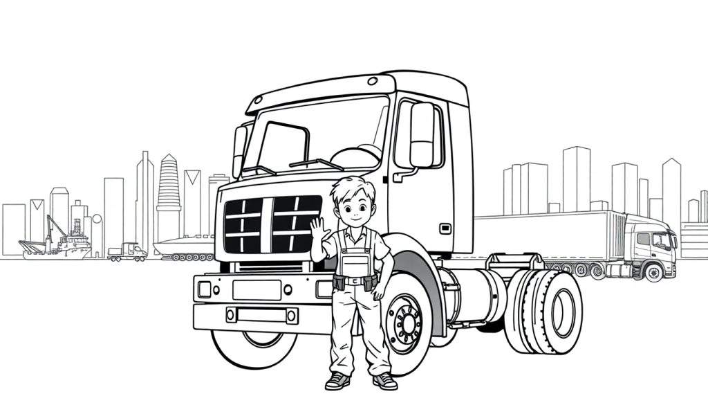 Kleurplaat van een jongen in werkkleding die zwaait naar twee grote vrachtwagens in de haven van Rotterdam.