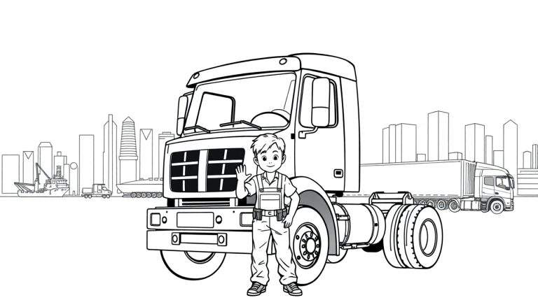 Kleurplaat van een jongen in werkkleding die zwaait naar twee grote vrachtwagens in de haven van Rotterdam.