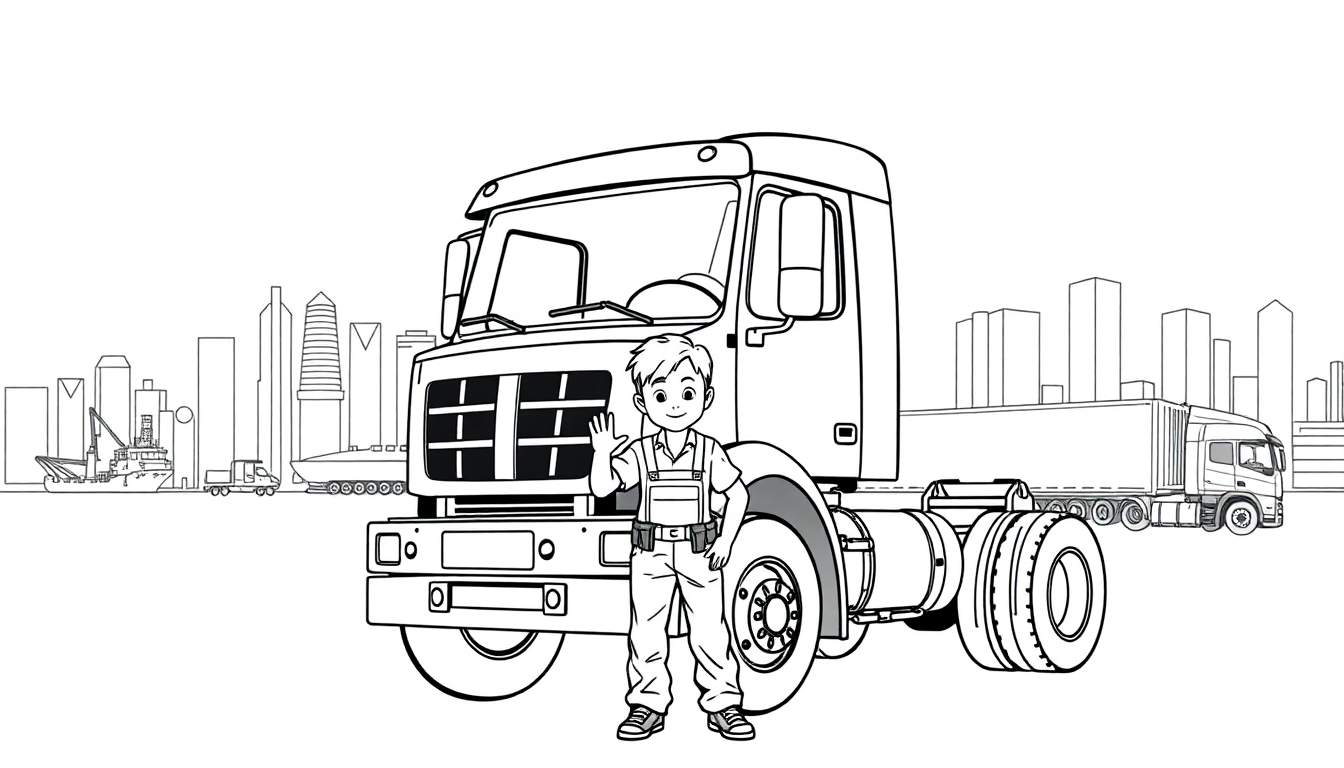 Kleurplaat van een jongen in werkkleding die zwaait naar twee grote vrachtwagens in de haven van Rotterdam.
