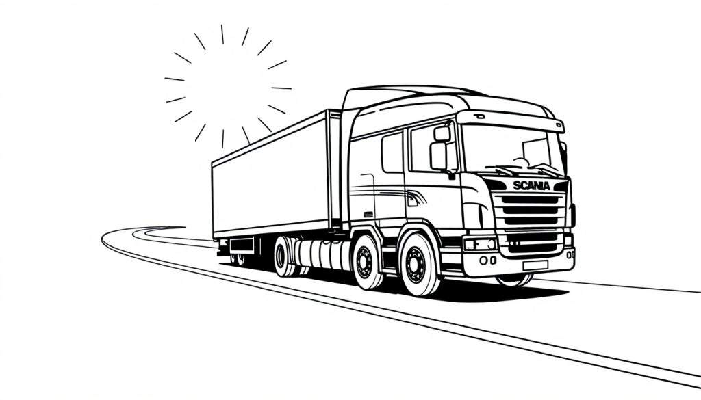 Kleurplaat van een Scania 141 torpedo vrachtwagen op een bochtige weg.