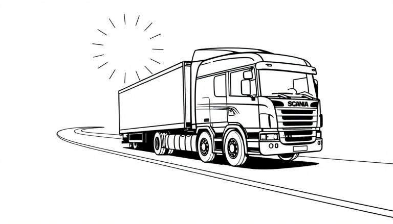 Kleurplaat van een Scania 141 torpedo vrachtwagen op een bochtige weg.