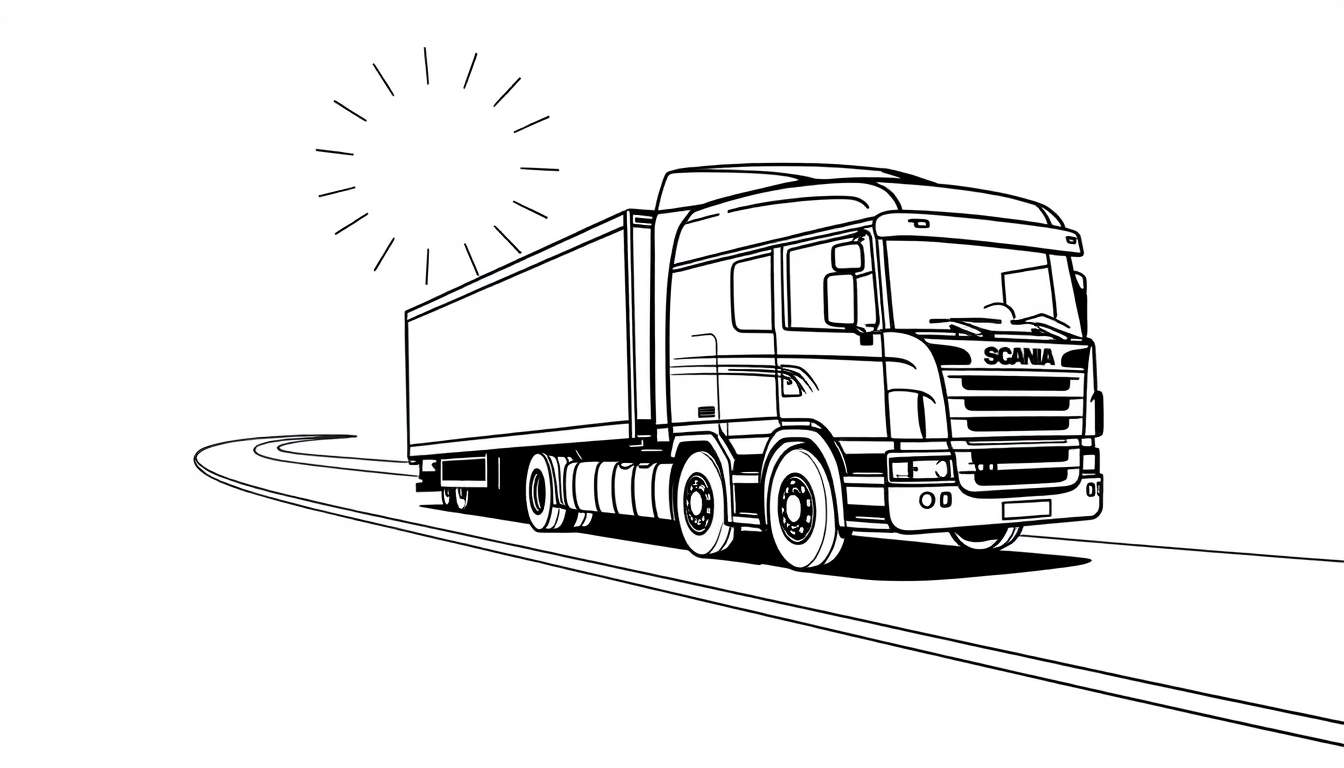 Kleurplaat van een Scania 141 torpedo vrachtwagen op een bochtige weg.