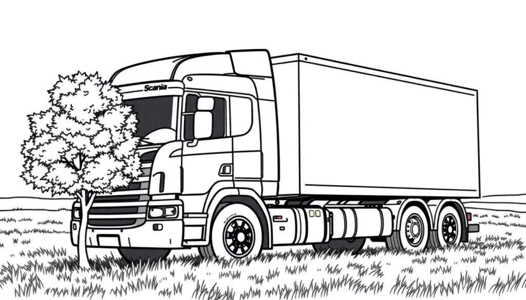 Kleurplaat van een grote Scania vrachtwagen in een veld.