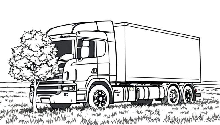 Kleurplaat van een grote Scania vrachtwagen in een veld.