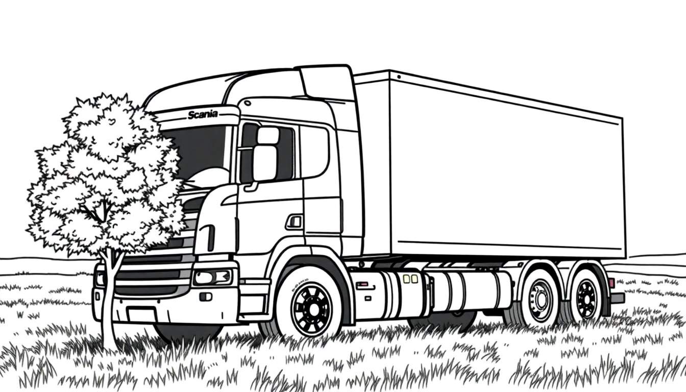 Kleurplaat van een grote Scania vrachtwagen in een veld.