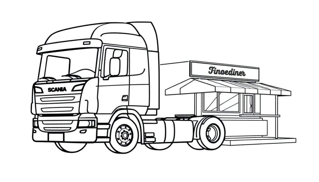 Kleurplaat van een Scania vrachtwagen met een Finoediner opbouw.