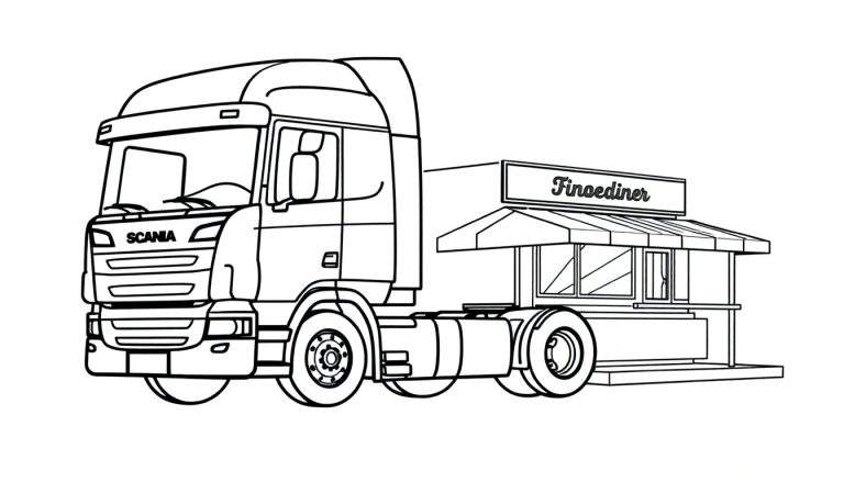 Kleurplaat van een Scania vrachtwagen met een Finoediner opbouw.