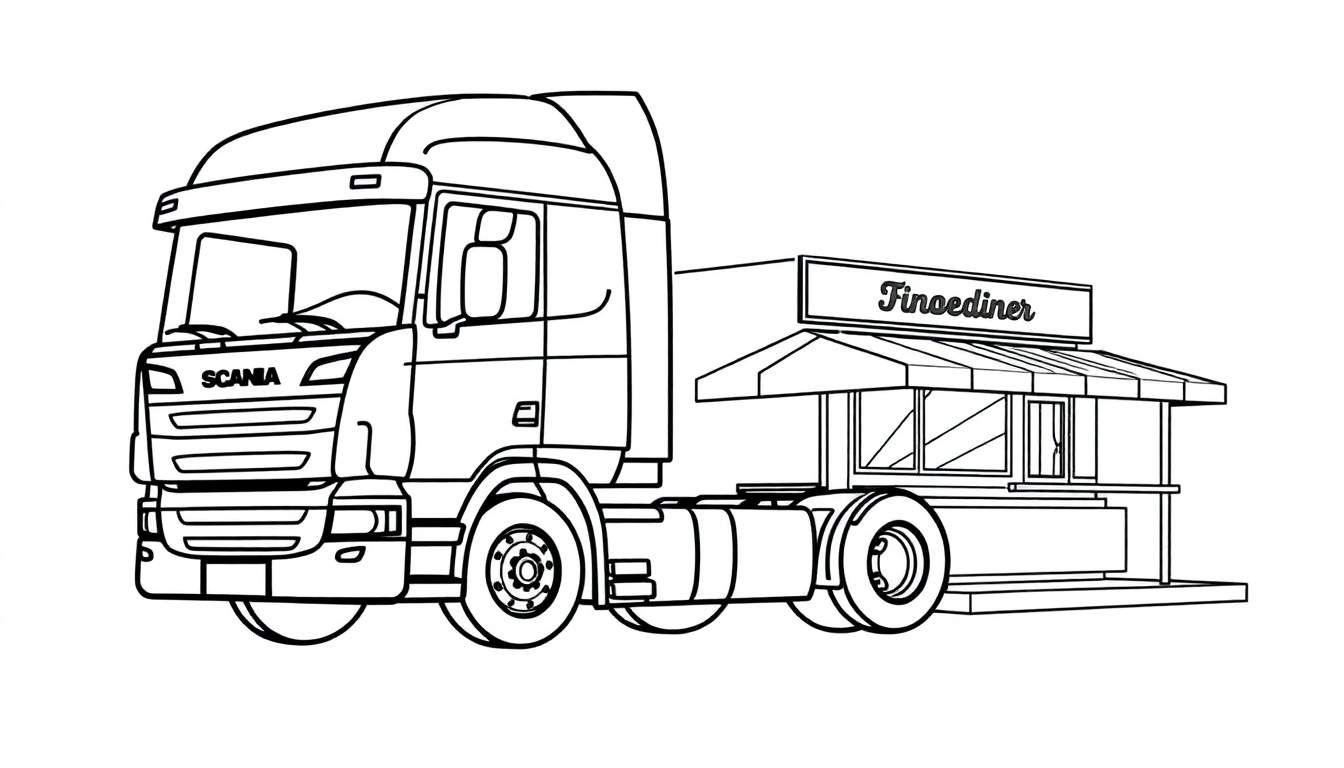 Kleurplaat van een Scania vrachtwagen met een Finoediner opbouw.