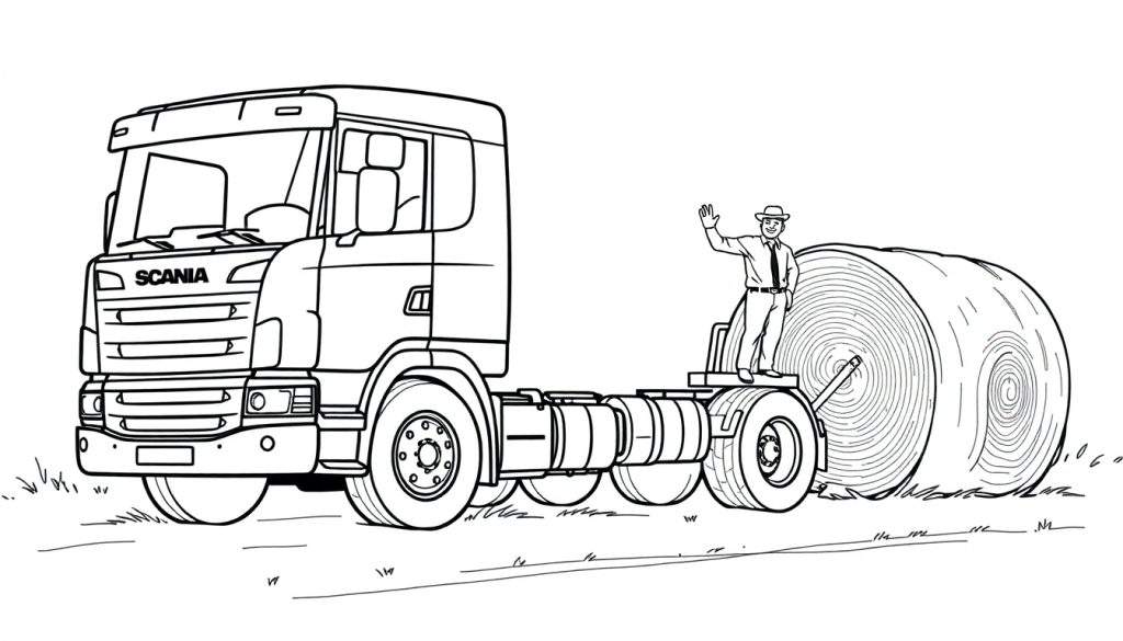 Kleurplaat van een Scania vrachtwagen met een man op een hooibaal.