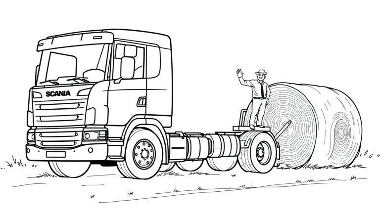 Kleurplaat van een Scania vrachtwagen met een man op een hooibaal.