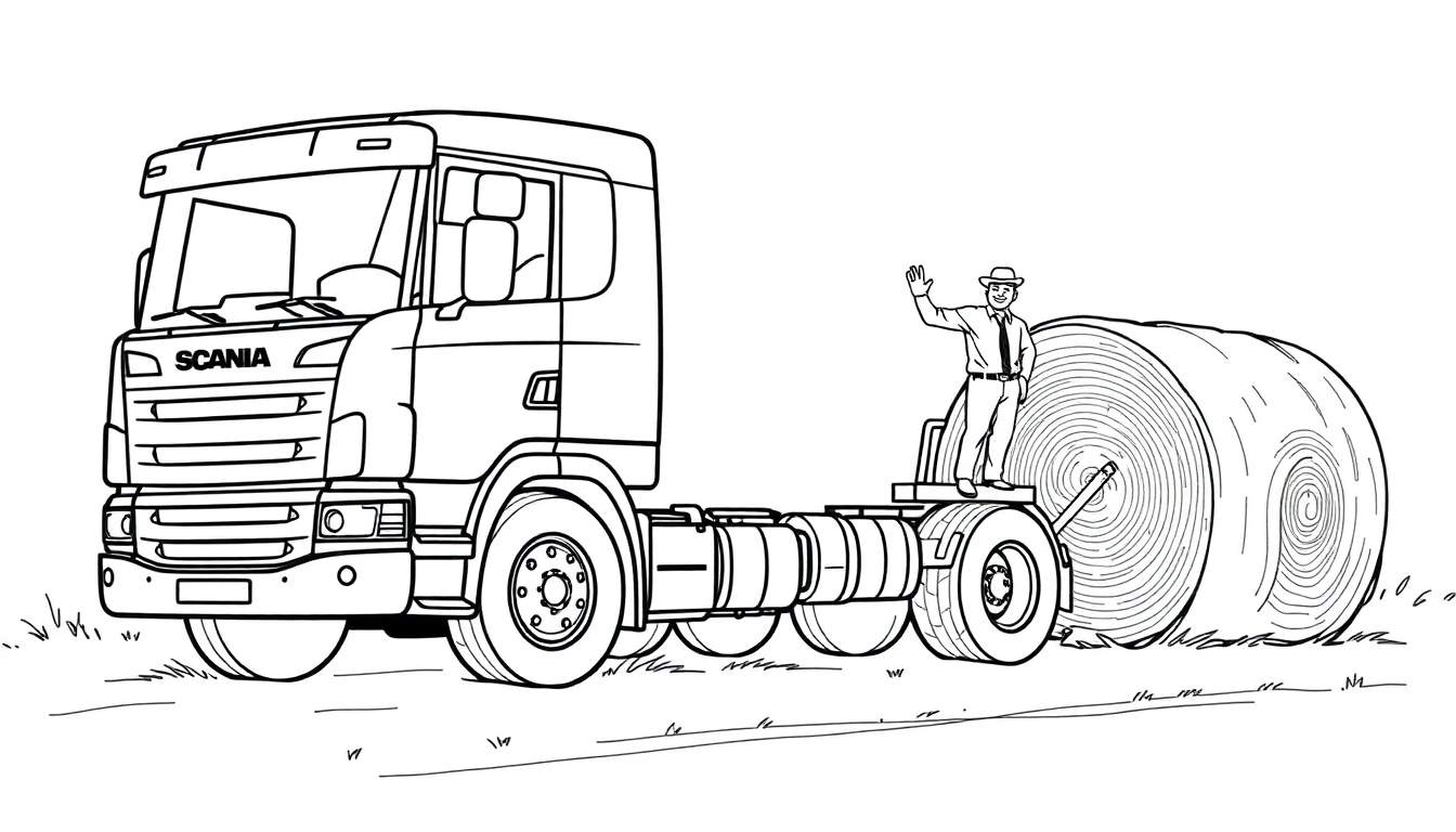Kleurplaat van een Scania vrachtwagen met een man op een hooibaal.