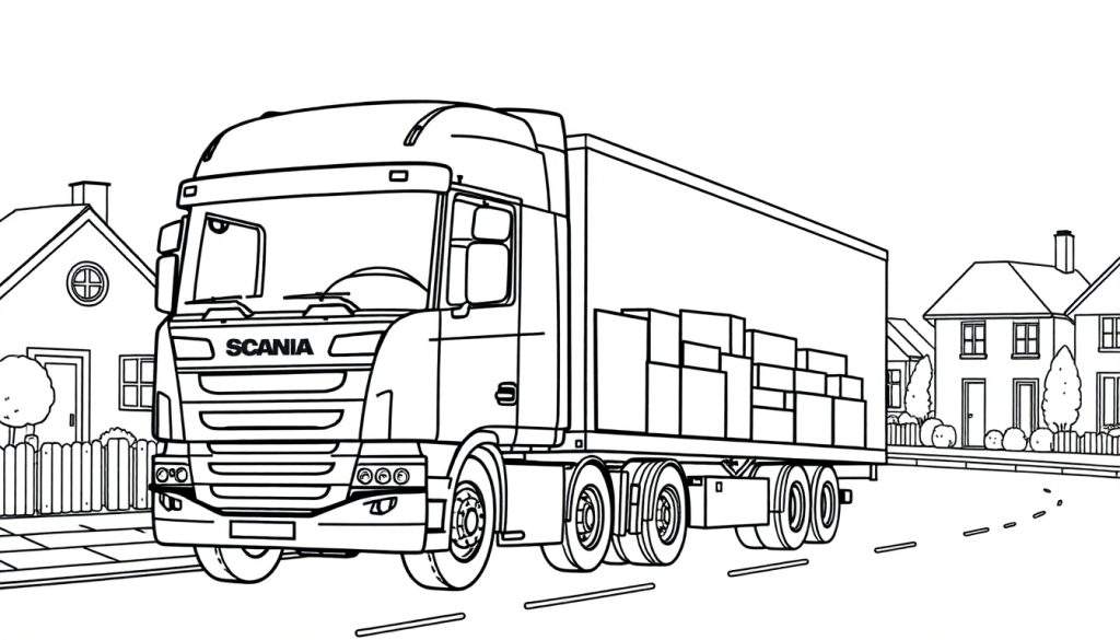 Kleurplaat van een Scania vrachtwagen met dozen.