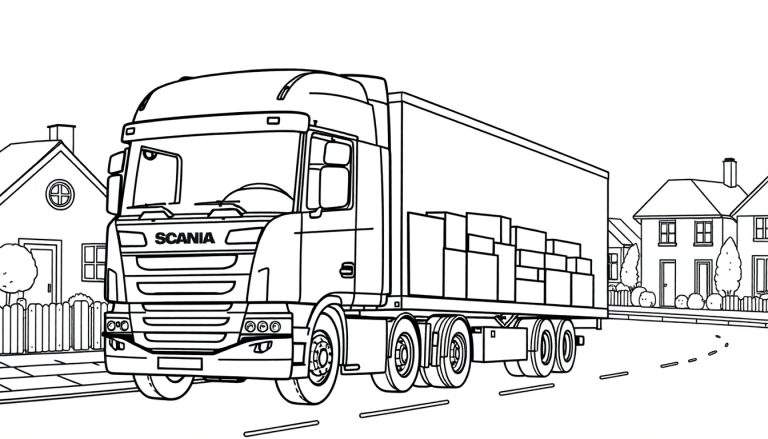 Kleurplaat van een Scania vrachtwagen met dozen.