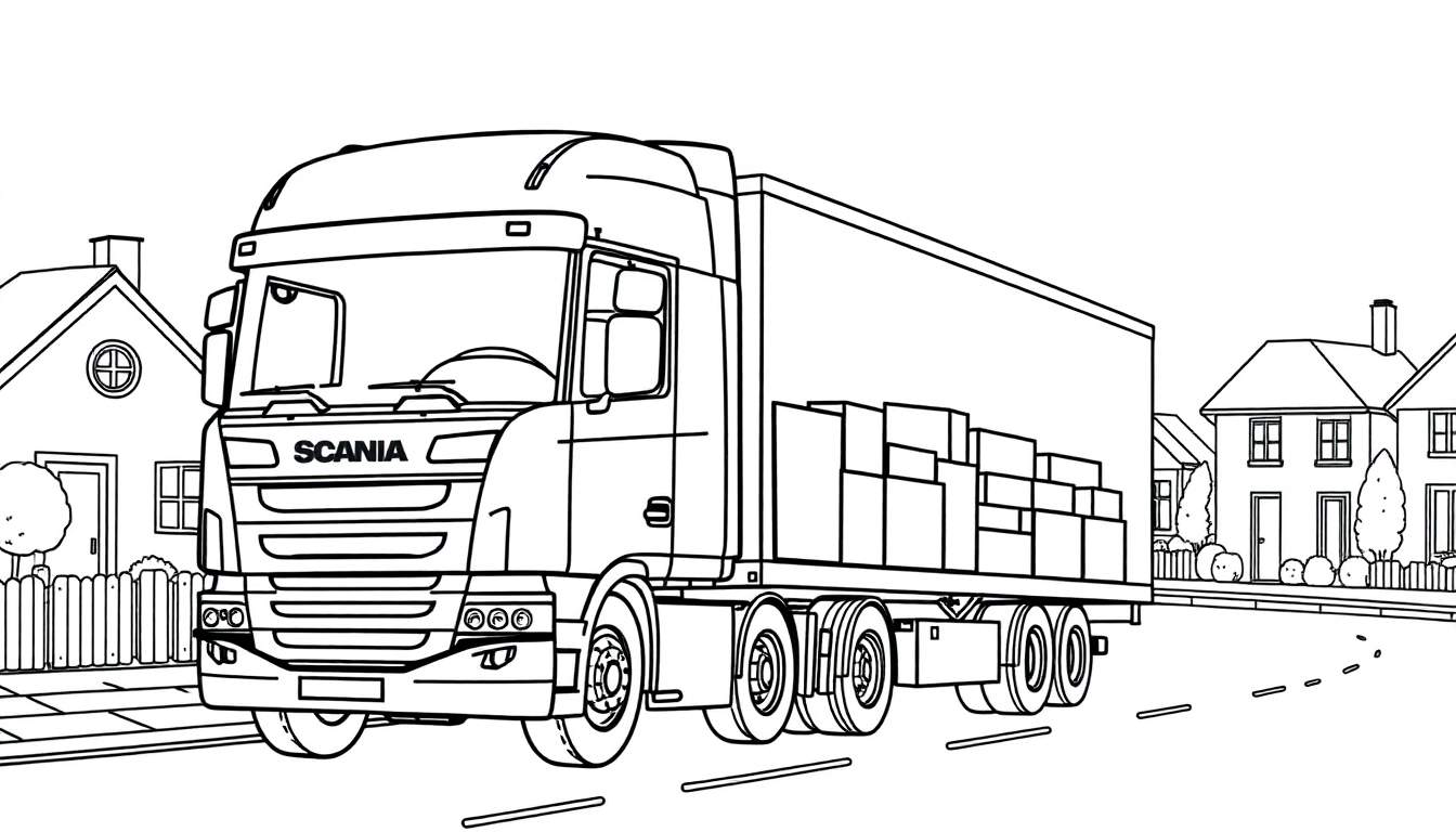 Kleurplaat van een Scania vrachtwagen met dozen.