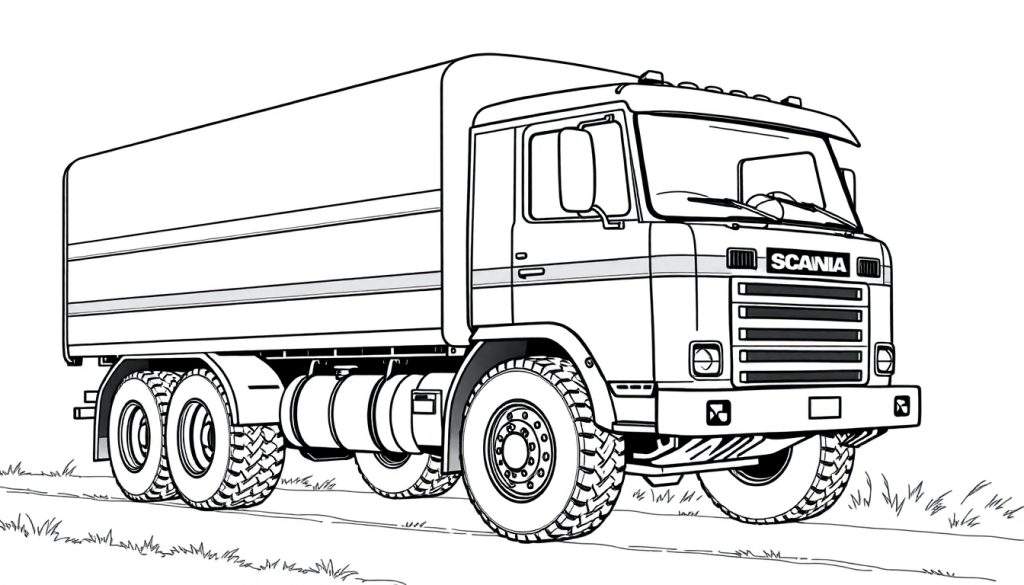 Kleurplaat van een stoere Scania vrachtwagen met grote wielen op een grasveld.