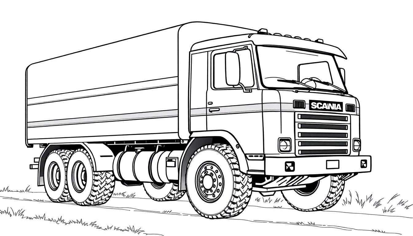 Kleurplaat van een stoere Scania vrachtwagen met grote wielen op een grasveld.