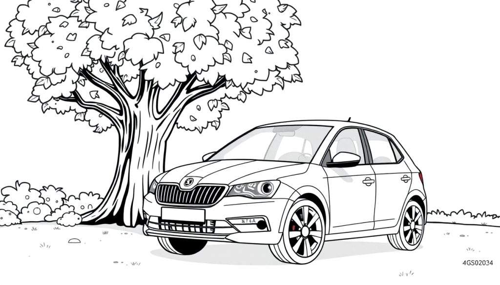Zwart-wit kleurplaat van een Skoda hatchback onder een grote boom.