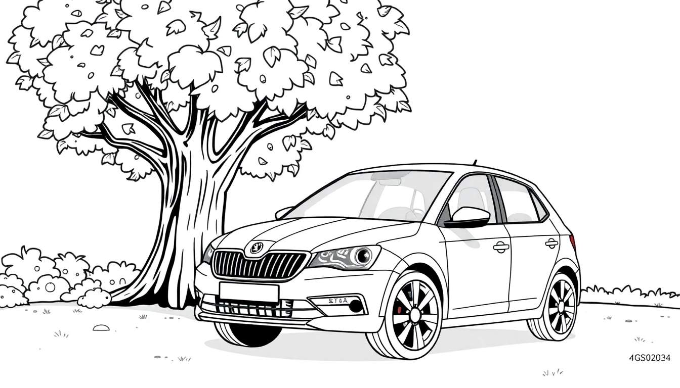 Zwart-wit kleurplaat van een Skoda hatchback onder een grote boom.