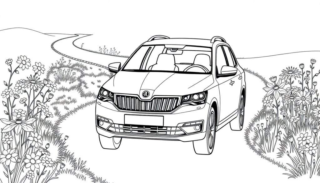 Een kleurplaat van een Skoda auto op een landweg.
