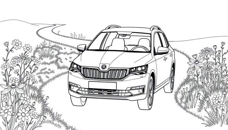 Een kleurplaat van een Skoda auto op een landweg.