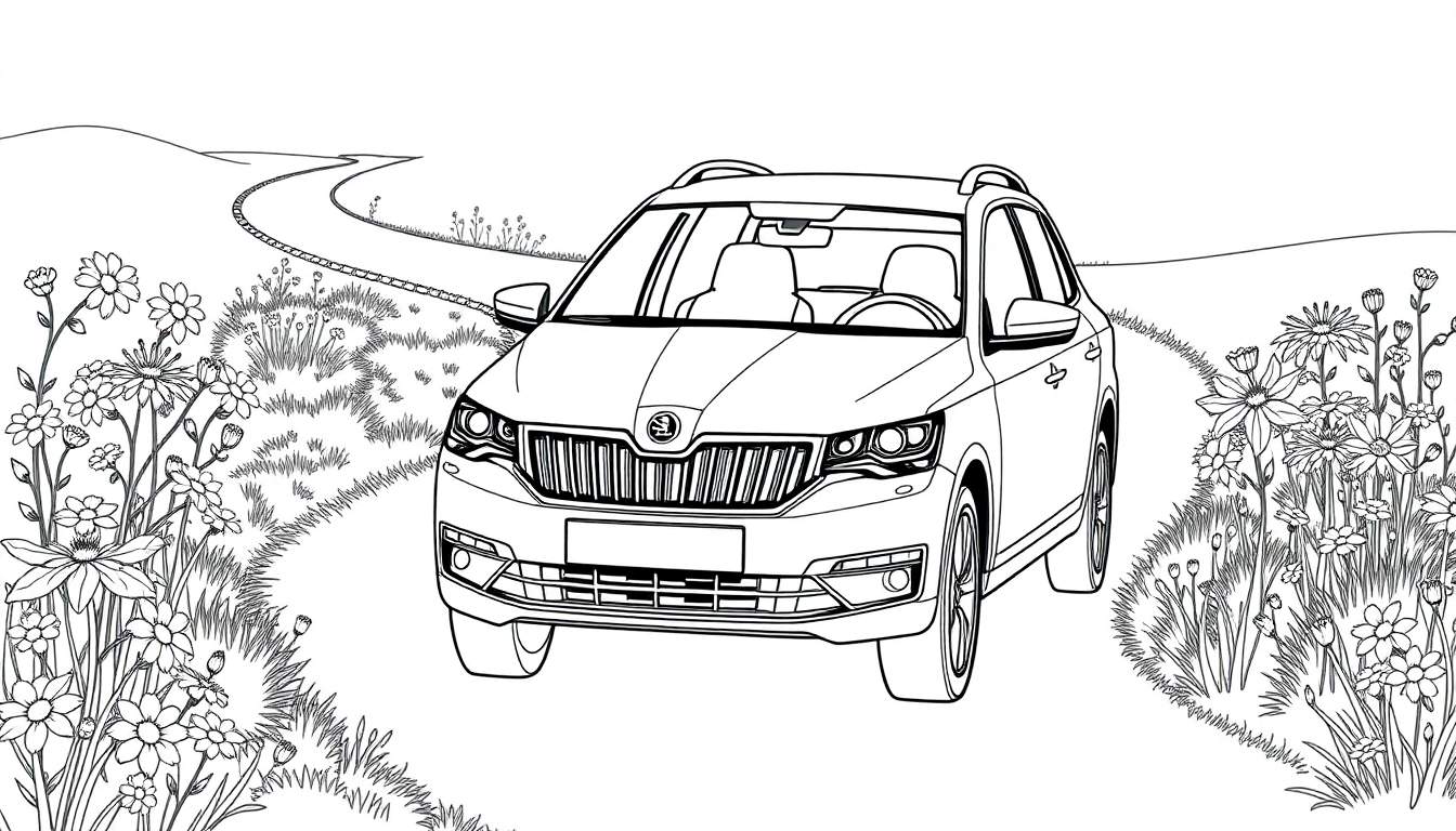 Een kleurplaat van een Skoda auto op een landweg.