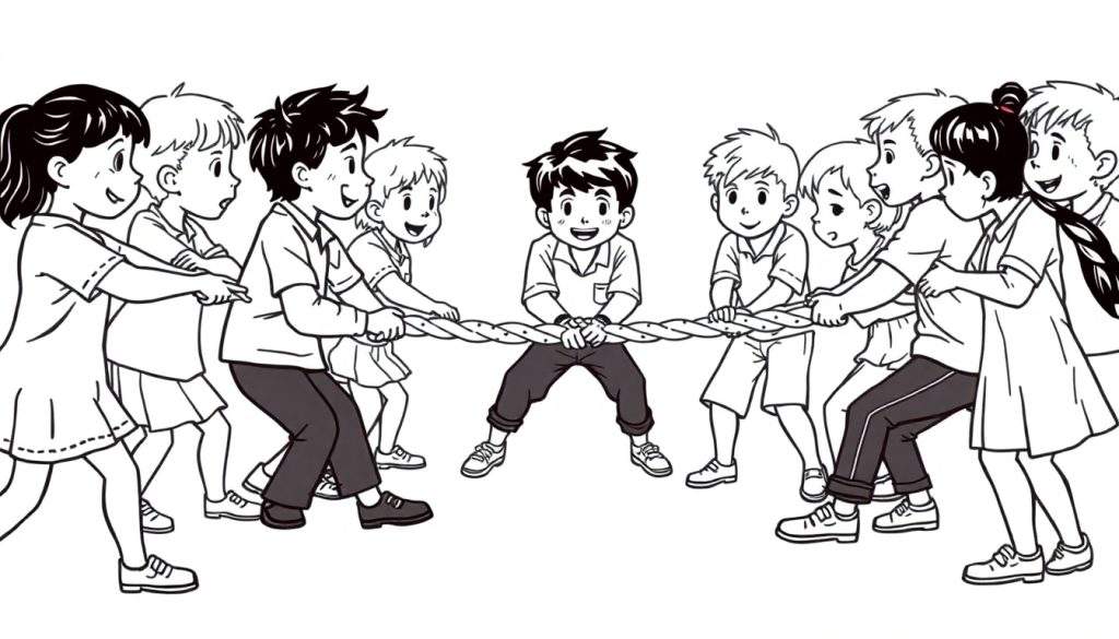 Zwart-witte kleurplaat van kinderen die touwtrekken, met een kind in het midden dat lacht.
