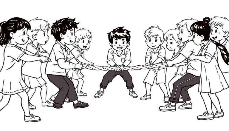 Zwart-witte kleurplaat van kinderen die touwtrekken, met een kind in het midden dat lacht.