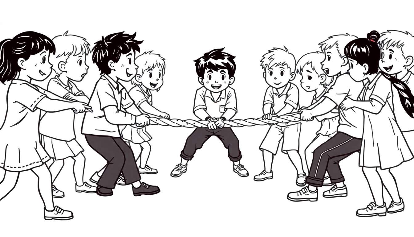 Zwart-witte kleurplaat van kinderen die touwtrekken, met een kind in het midden dat lacht.