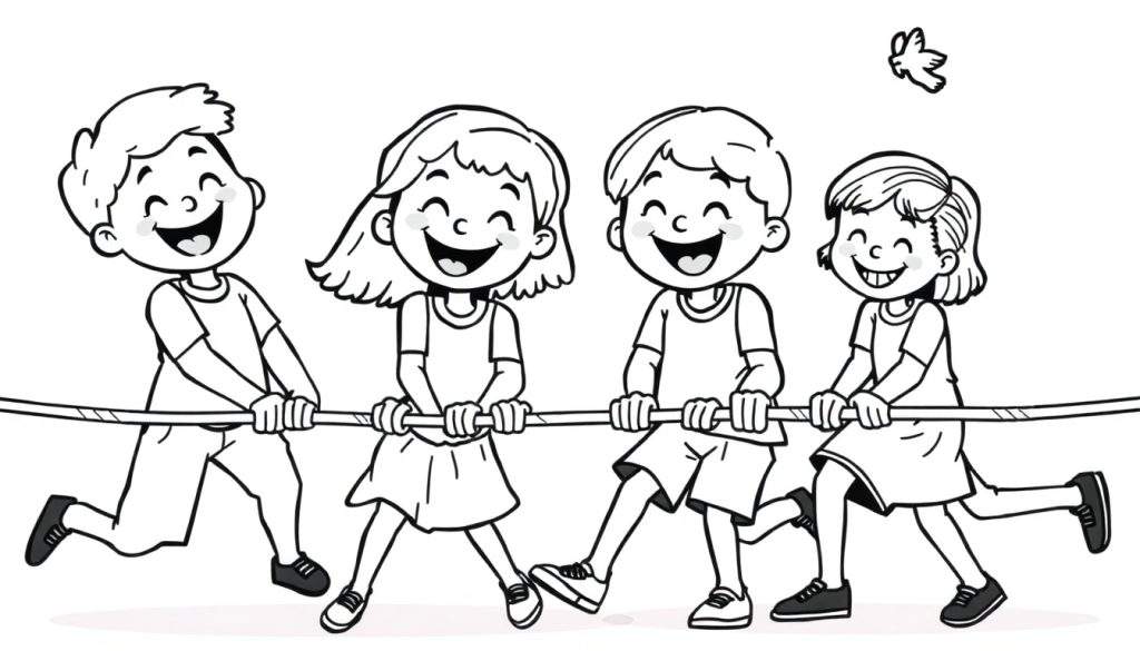 Een zwart-wit kleurplaat van vier lachende kinderen (twee jongens, twee meisjes) die samen aan een touw trekken, met een kleine vogel erboven.