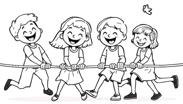 Een zwart-wit kleurplaat van vier lachende kinderen (twee jongens, twee meisjes) die samen aan een touw trekken, met een kleine vogel erboven.