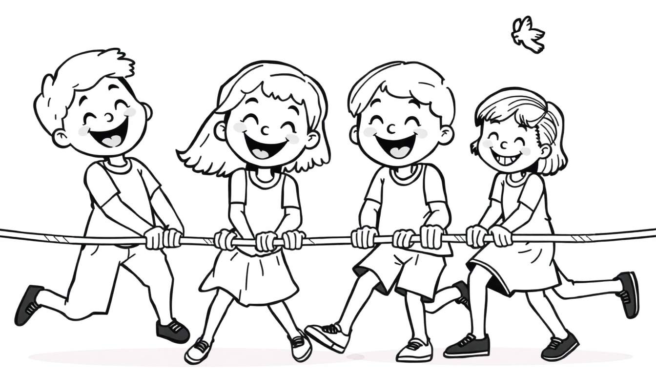 Een zwart-wit kleurplaat van vier lachende kinderen (twee jongens, twee meisjes) die samen aan een touw trekken, met een kleine vogel erboven.
